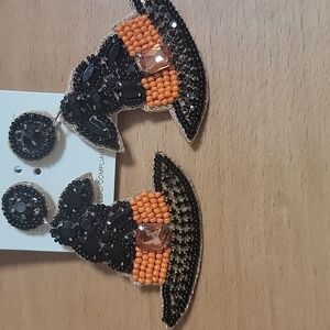 Beaded Witch Hat Earrings - Black and Orange